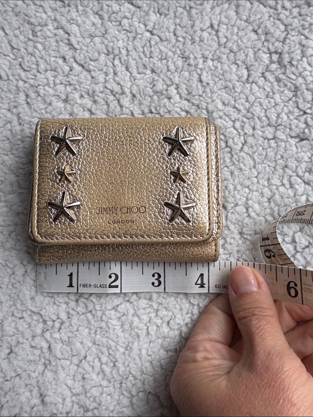 Jimmy Choo Nemo Metallic Gold Leather 2-toned-Star-Studded Mini Tri-fold Wallet - Picture 13 of 14